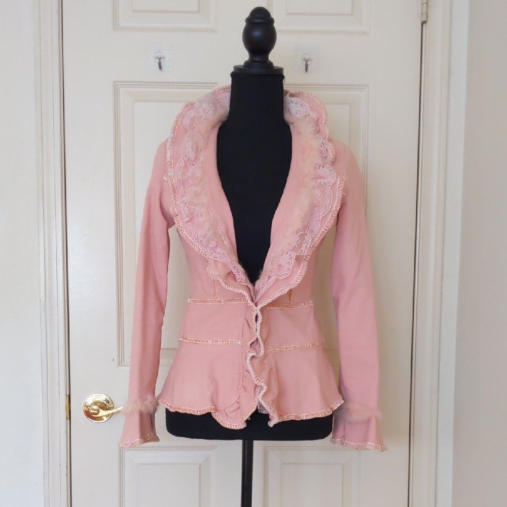 RARE! NWOT. Vintage Pink Fully Lined Cotton Jacket with Lace & Rabbit Fur Trim.